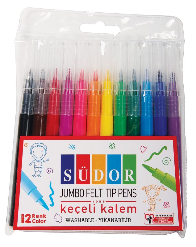 sÜdor 12'lİ jumbo felt tip pens firÇa uÇlu keÇelİ kalem