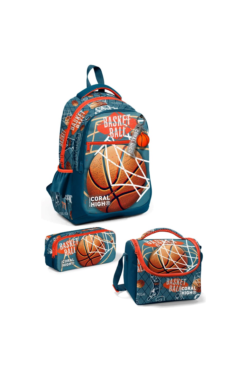 coral high kids nefti turuncu basketbol desenli 3’lü okul Çanta seti