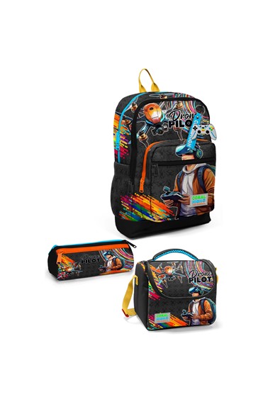 coral high kids siyah drone pilot desenli 3’lü okul Çanta seti