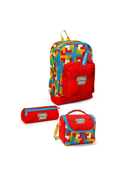 coral high renkli blok desenli 3 lü okul Çanta seti