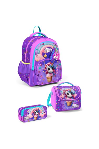 coral high kids mor pembe unicorn dondurma desenli 3’lü okul Çanta seti