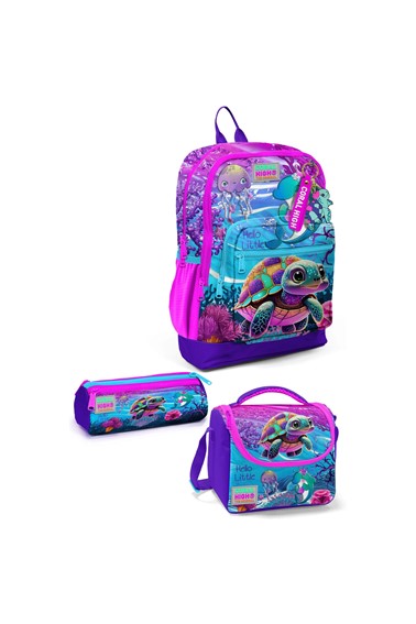 coral high kids pembe mor kaplumbağa desenli 3’lü okul Çanta seti