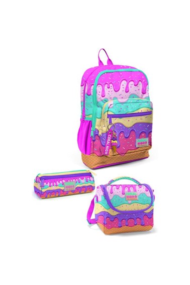 coral high kids pembe rengarenk dondurma desenli 3’lü okul Çanta seti