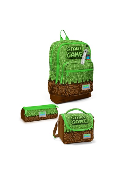 coral high kids yeşil kahverengi high craft desenli 3’lü okul Çanta seti