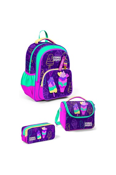 coral high kids mor pembe dondurma desenli 3’lü okul Çanta seti