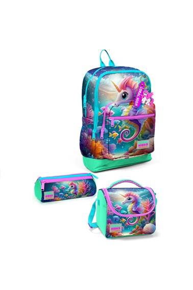 coral high kids mavi su yeşili denizatı desenli dört bölmeli okul Çanta seti